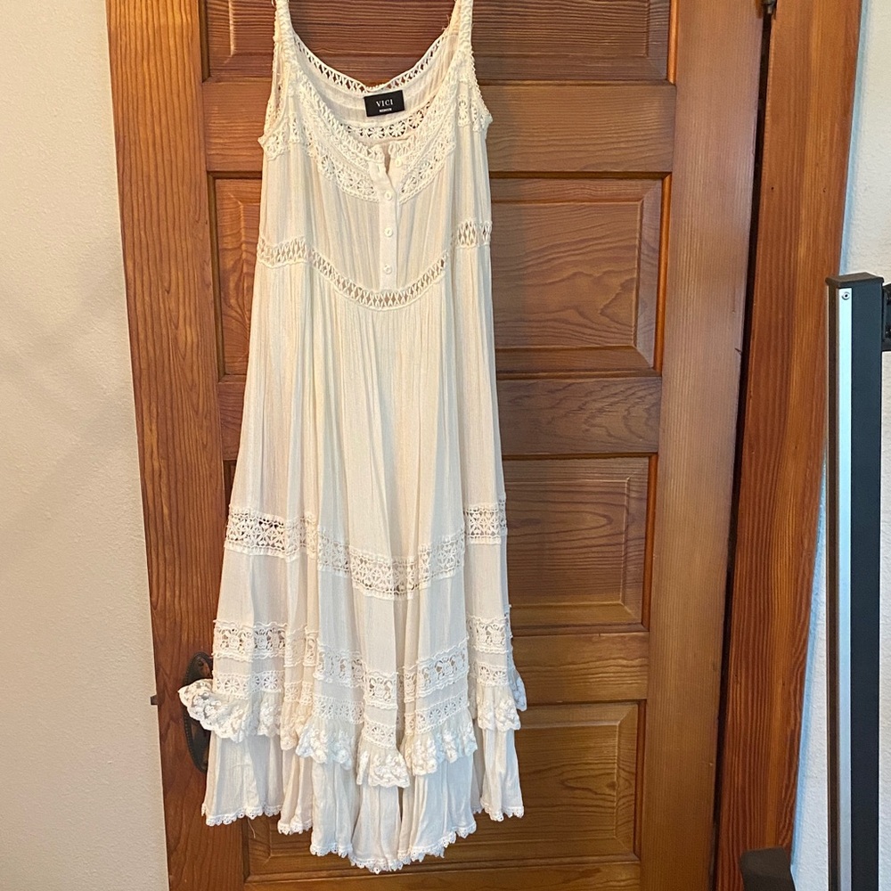 Vici Cream Crochet-Trim Boho Maxi Dress